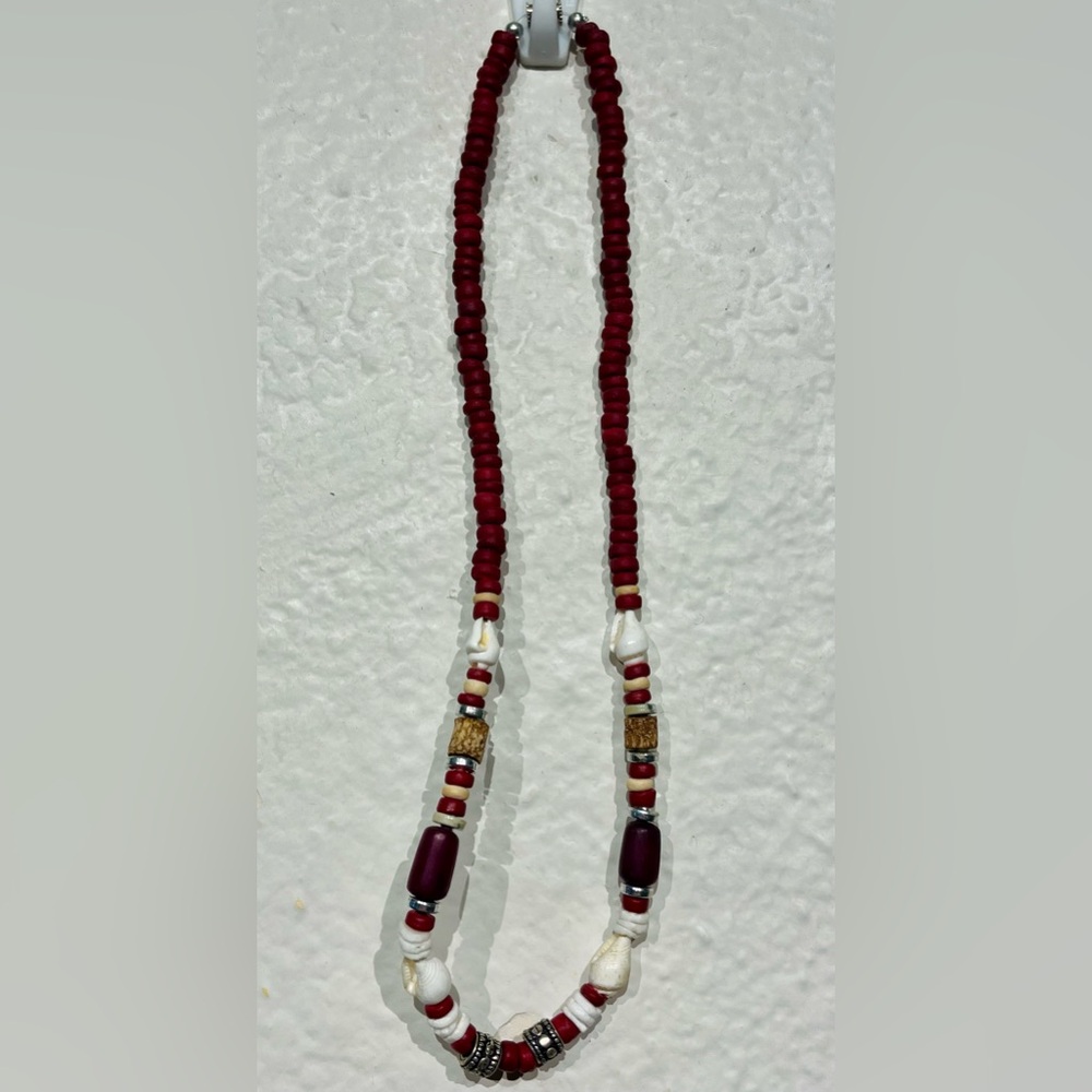 Vintage Red, White & Brown Beaded Necklace